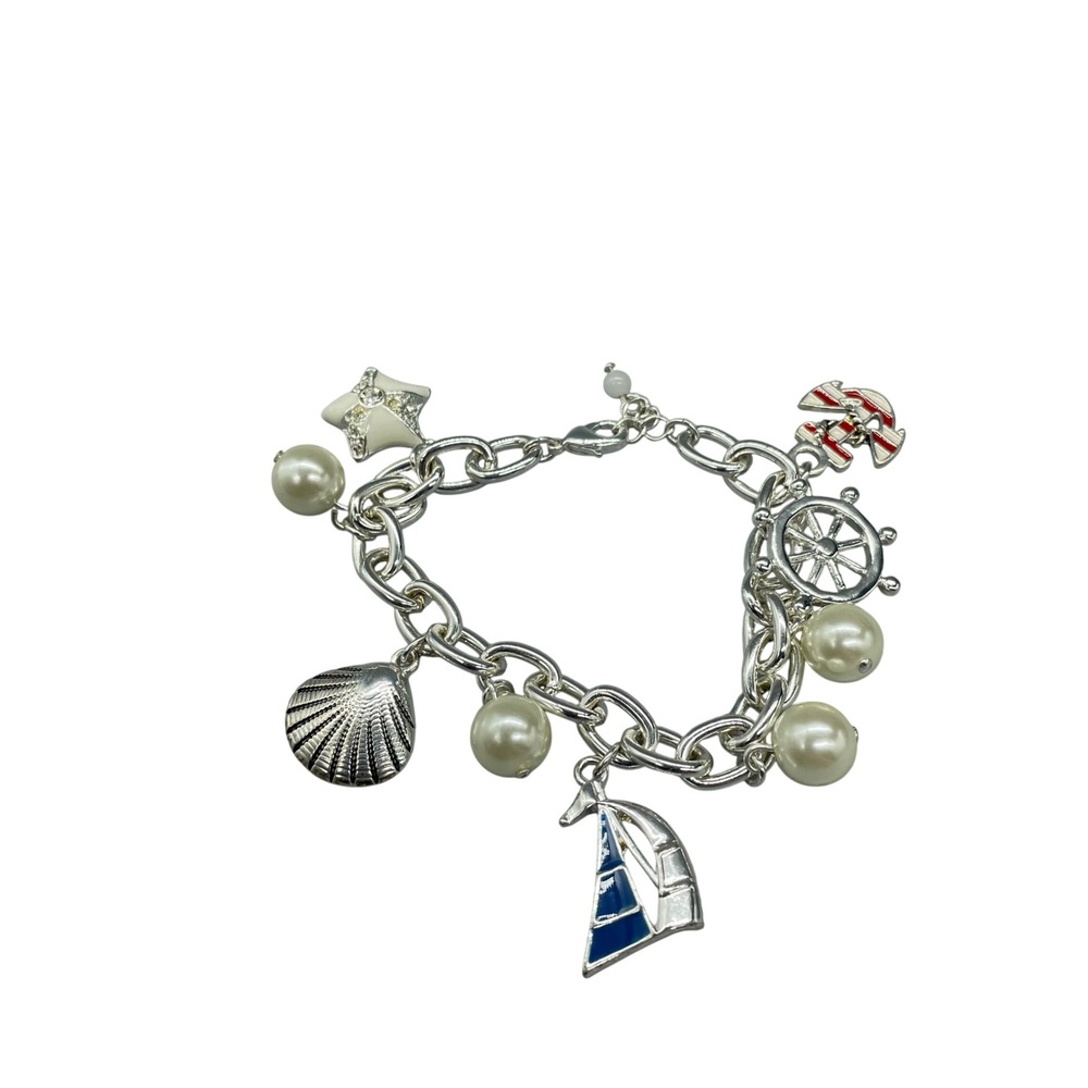 Silver Tone Nautical Charm Bracelet Faux Pearl Sailboat Anchor‎ Starfish NRO